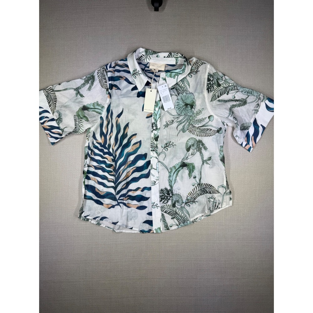 Melloday Womens White Sea Botanical Print Button Down Shirt Medium